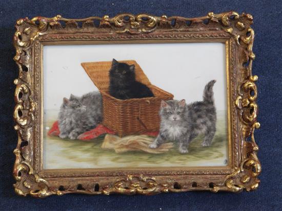 Bessie Bamber (fl.1900-1910) Three kittens beside a basket 6.5 x 9.5in.